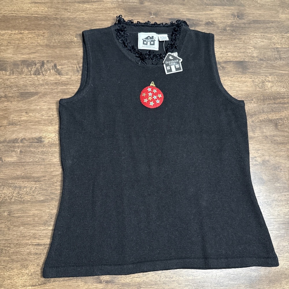 Storybook Knits Womens Sleeveless Sweater Sz M Black Holiday Ornament Christmas